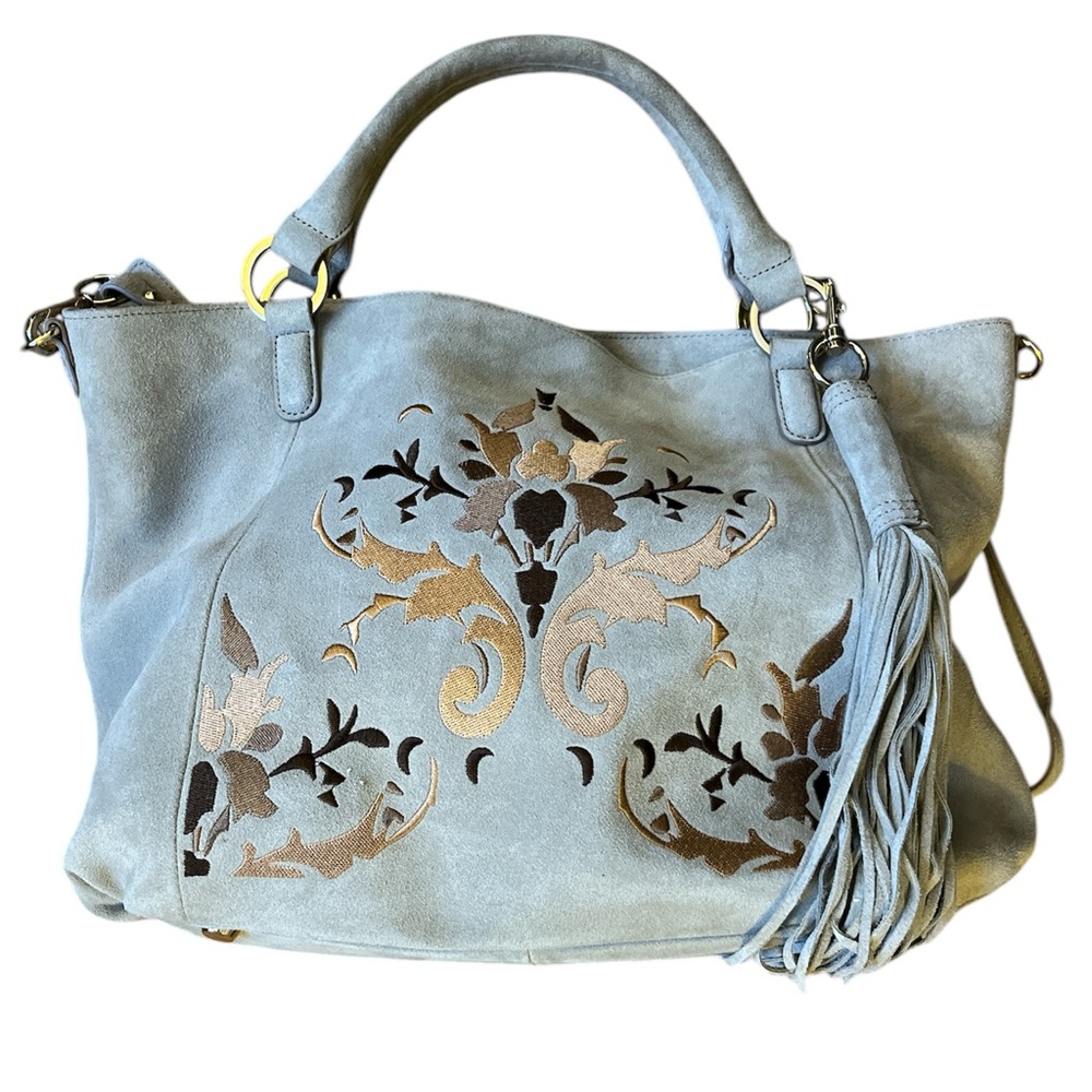 G.I.L.I. Light Blue Suede Tote with Metallic Gold & Brown Floral Appliqué
